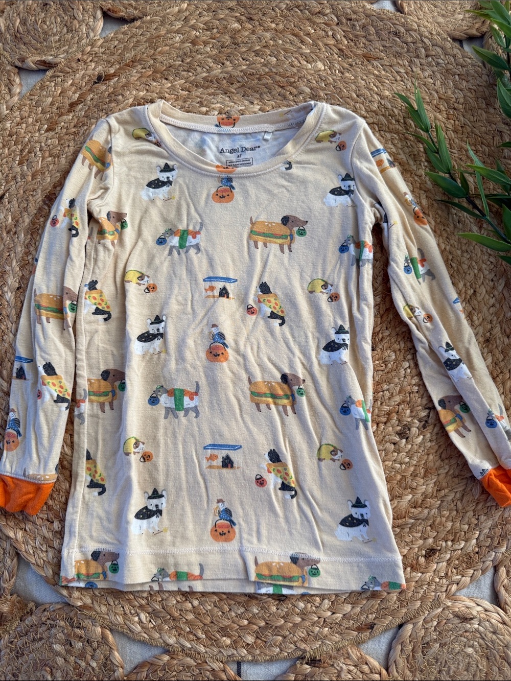 Angel Dear Cream Long-Sleeve Halloween Dog Print Top with Orange. Size 4T unisex